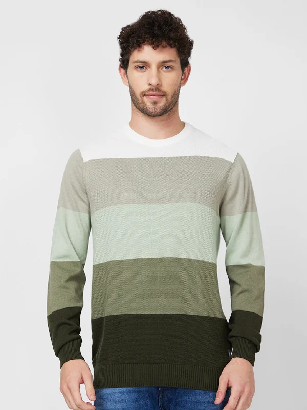 Spykar Full Sleeve Round Neck Green Cotton Sweater For Men