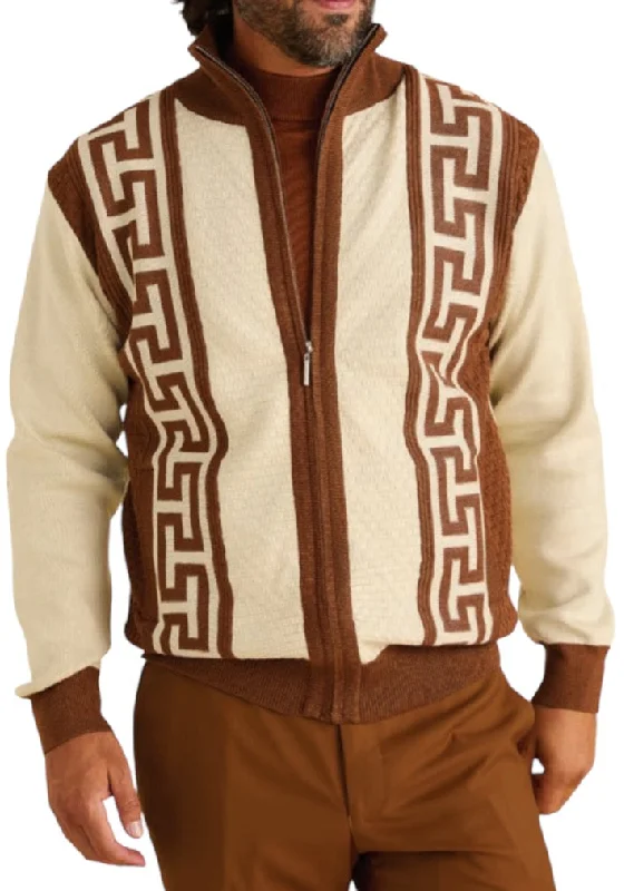 Grecian Inserch Cream Cognac Full Zipper Sweater Greek Key Design