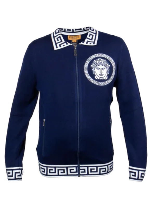 Prestige Blue Men's Polo Sweater with White Leather Medusa zipper Jacket