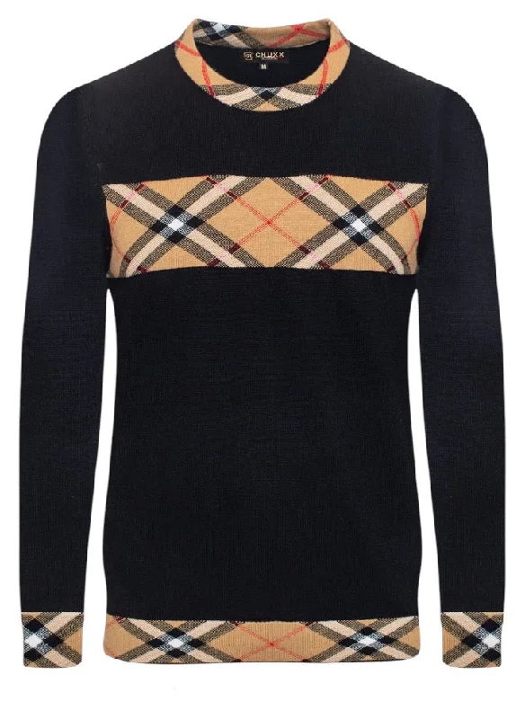 Black Crewneck Sweater Plaid Design Men's Pullover Regular-Fit Style No: SW-145