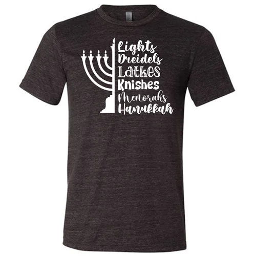 Lights, Dreidels, Latkes, Knishes, Menorahs, Hanukkah Shirt Unisex