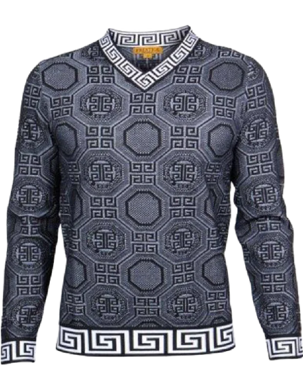 Prestige Men's Black V-Neck Sweaters Long Sleeves Greek Key Trim