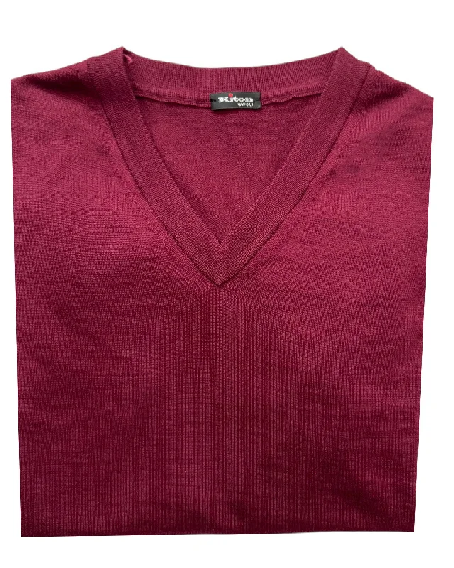 Kiton Sleeveless Sweater Bordeaux Cashmere Silk V-Neck EU 50 / M