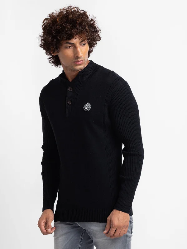 Spykar Black Cotton Full Sleeve Casual Sweater For Men