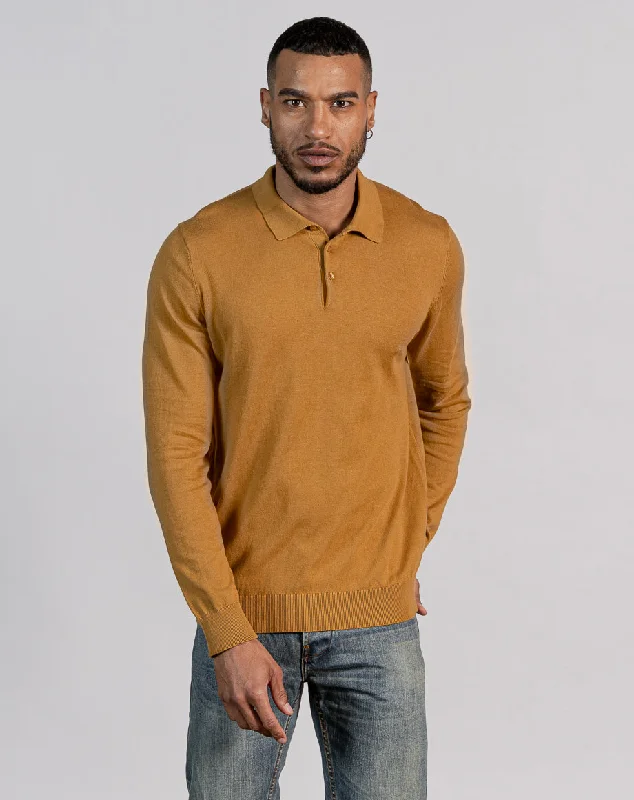 ESSENTIAL LONG SLEEVE KNITTED POLO TOP - MUSTARD