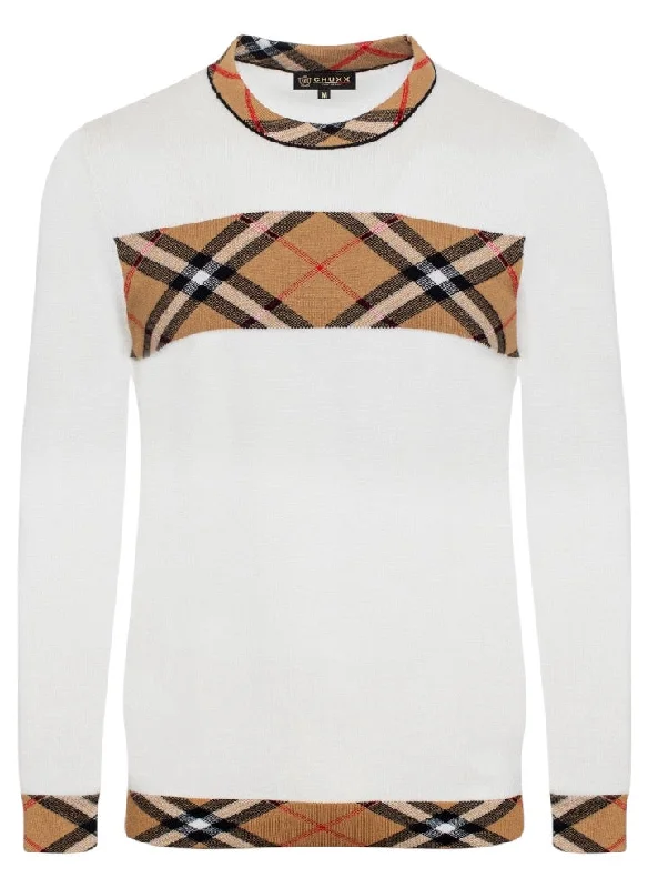 White Crewneck Sweater Plaid Design Men's Pullover Regular-Fit Style No: SW-145