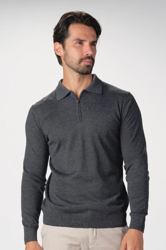 Merino Wool Solid Zip-Up Polo Sweater