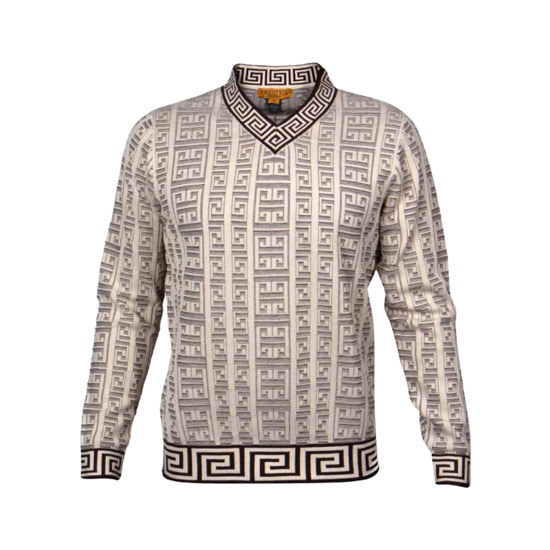 Prestige Brown and Cream V-Neck Greek Key Trim Luxury Men's Sweaters