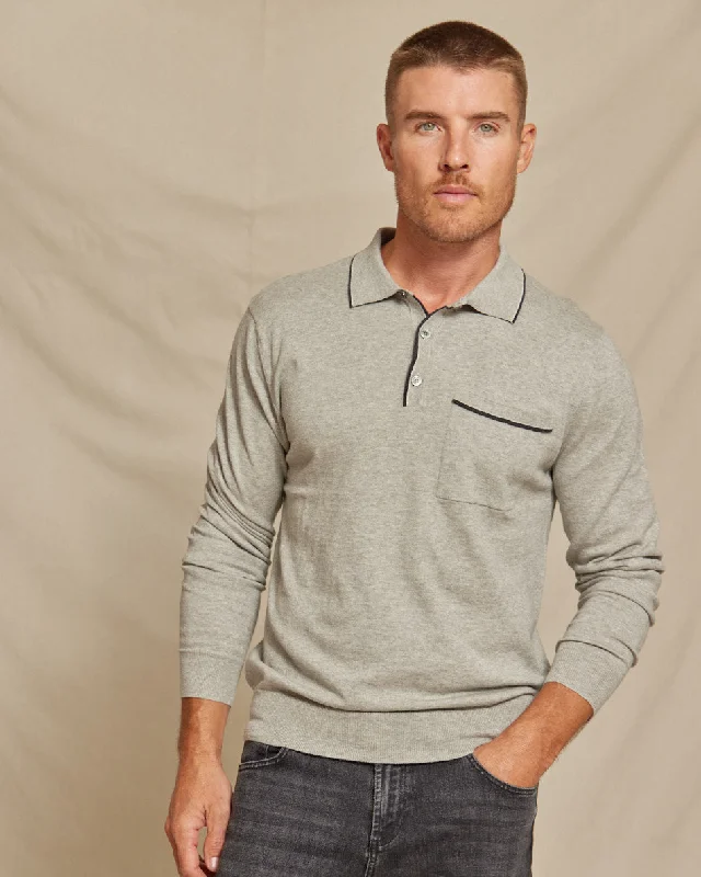 The Morgan - Cotton/Cashmere LS Polo w/Tipping - Light Grey