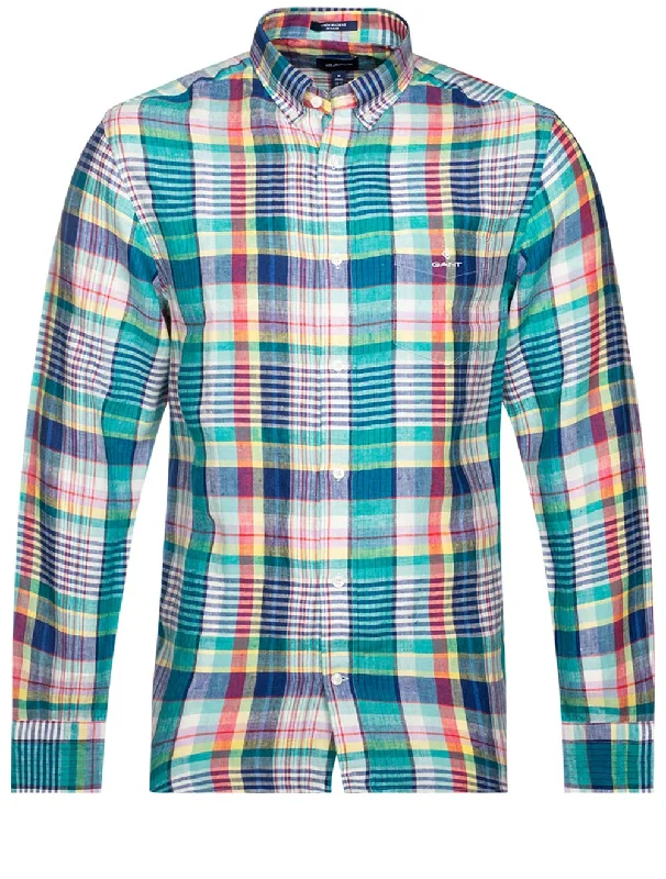 Regular Colorful Linen Madras Button Down Aqua Green