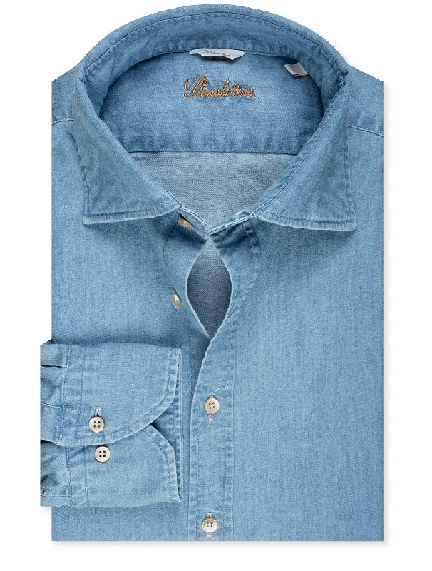 Fitted Washed Denim Shirt Blue