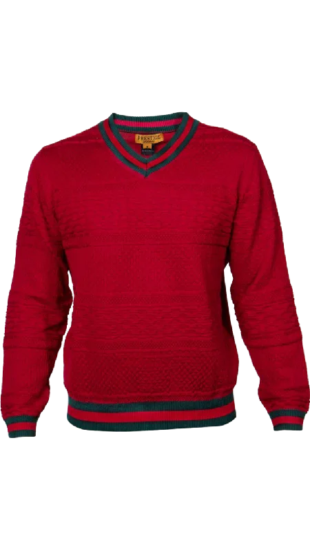 Prestige Men's Red V-neck Sweater Fashion style Green and Red Stripes