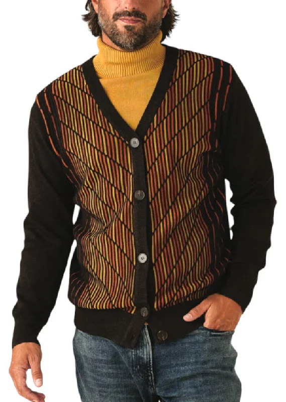 Chocolate Brown Men's Inserch Geo Intarsia Cardigan Sweater Jacket Style No: SW904