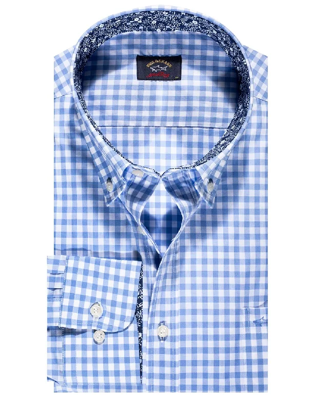 Floral Trim Check Shirt Blue