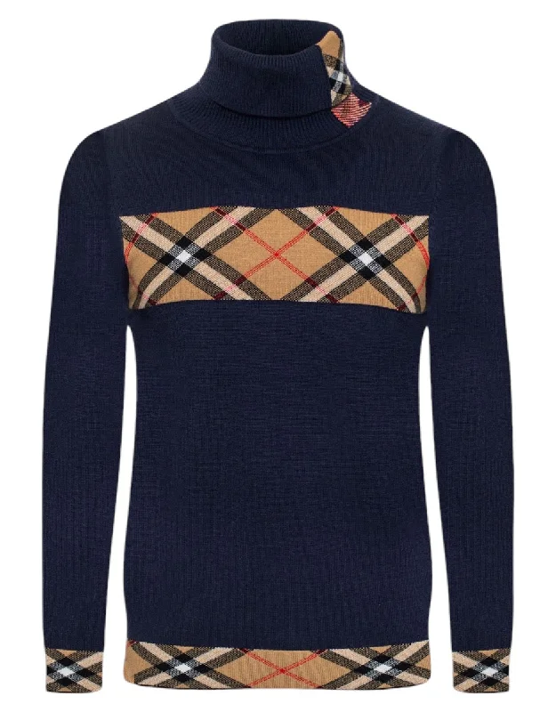 Navy and Beige Plaid Burb Design Men's Turtleneck Sweater Regular-Fit SW-148