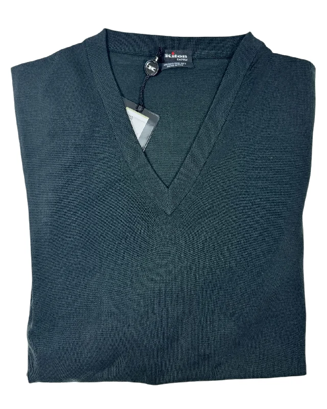 Kiton Sweater Dark Gray V-Neck Merino Wool 180's - EUR 54/ XL