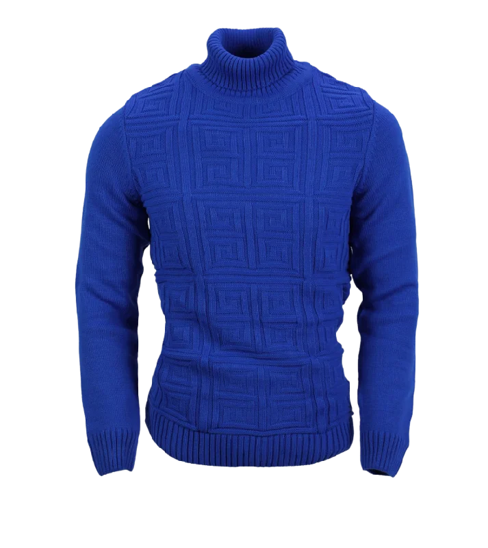 Royal Blue Men's Sweaters Greek Key Design Turtleneck Sweaters Light Blend