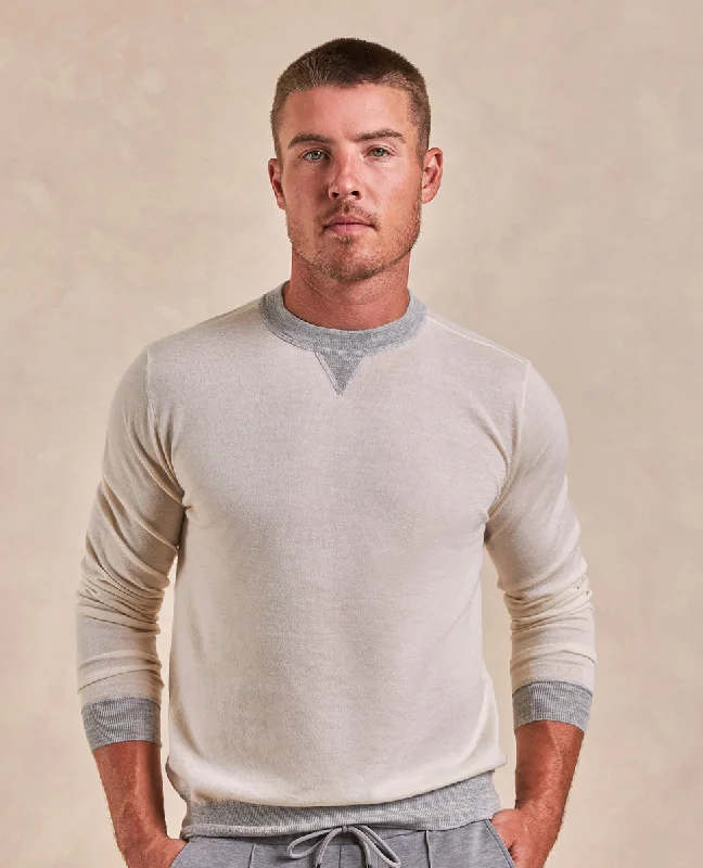 The Huck - Cotton Cashmere Lightweight Varsity Crew Sweatshirt - Ecru Grey