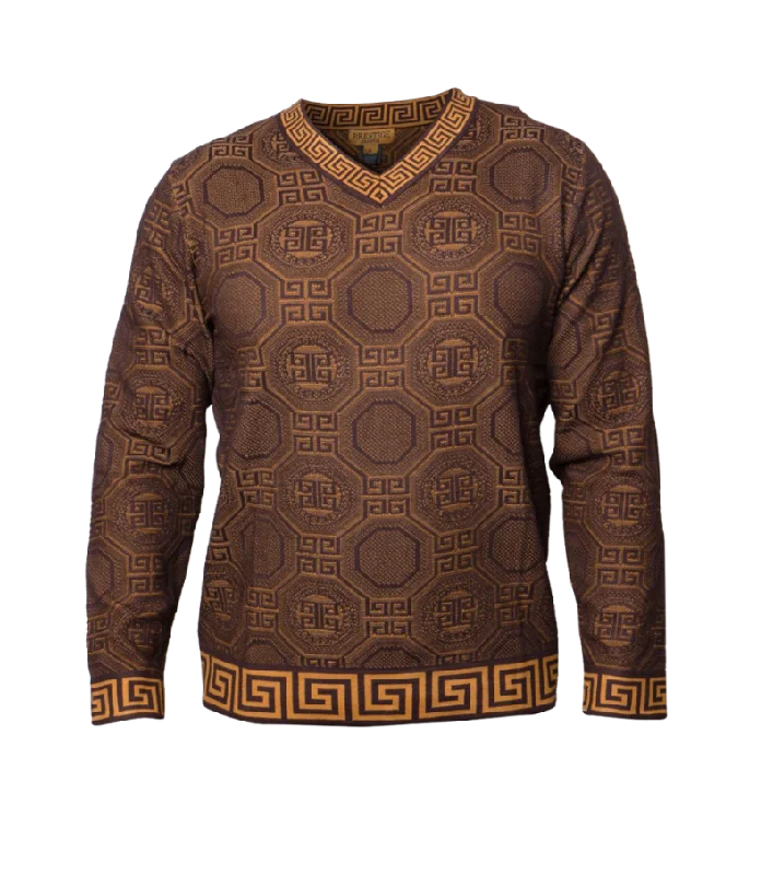 Prestige Brown V-Neck Sweaters Long Sleeves Greek Key Trim Design