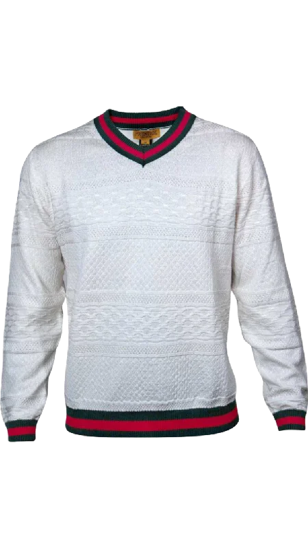 Prestige White Men's V-neck Sweater with Red and Green Stripes