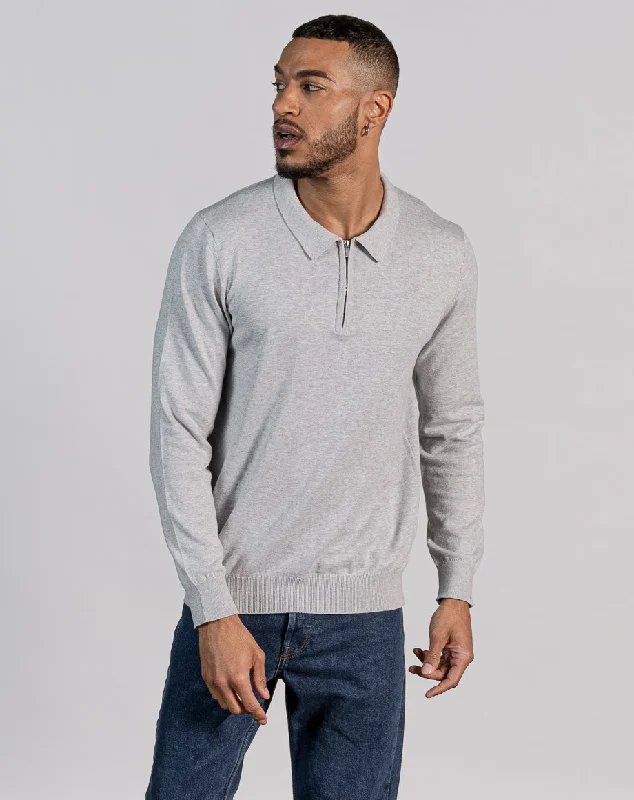 ESSENTIAL LONG SLEEVE ZIPPED NECK POLO - LIGHT GREY