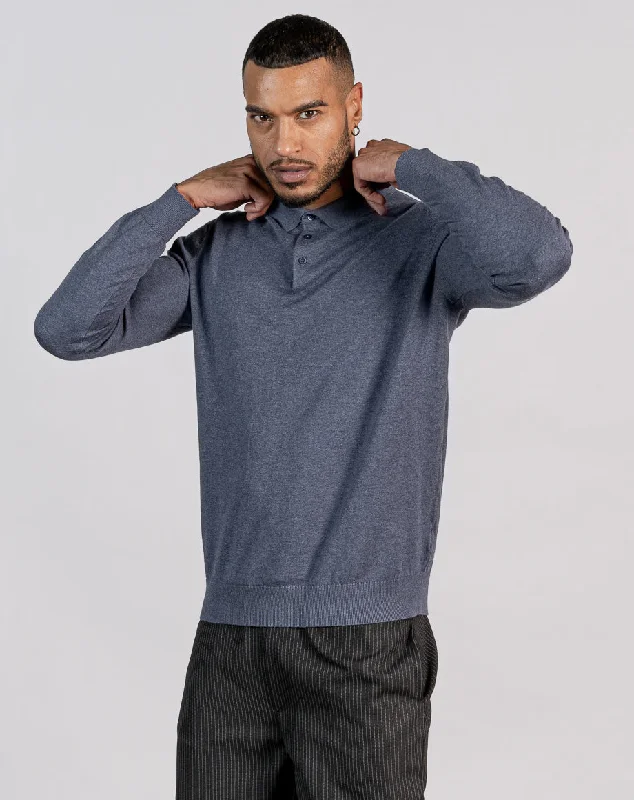 ESSENTIAL LONG SLEEVE KNITTED POLO TOP - MID BLUE