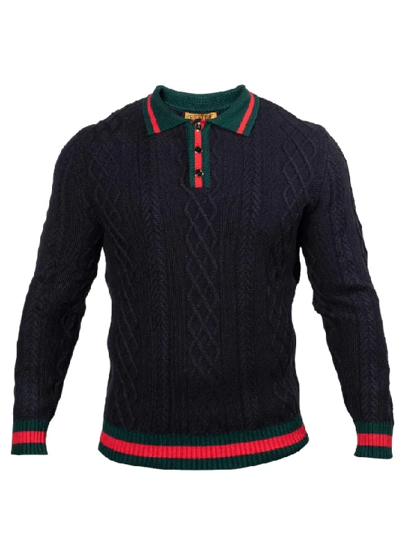 Prestige Black Men's Polo Sweater with Red and Green Stripe Style No: SW-574