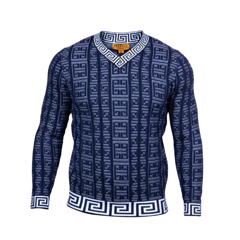 Prestige Navy Blue V-Neck Men's Sweaters Greek Key Lightweight