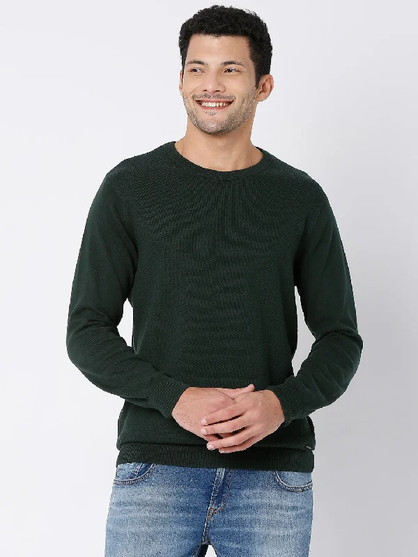 Spykar Men Bottle Green Cotton Full Sleeve Casual Sweater