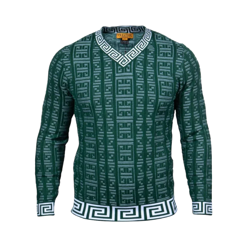 Prestige Green V-Neck Men's Pullover Sweaters Greek Key Design