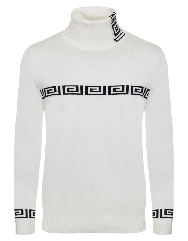 White Greek Key Italian Designer Men's Turtleneck Sweater Regular-Fit SW-146