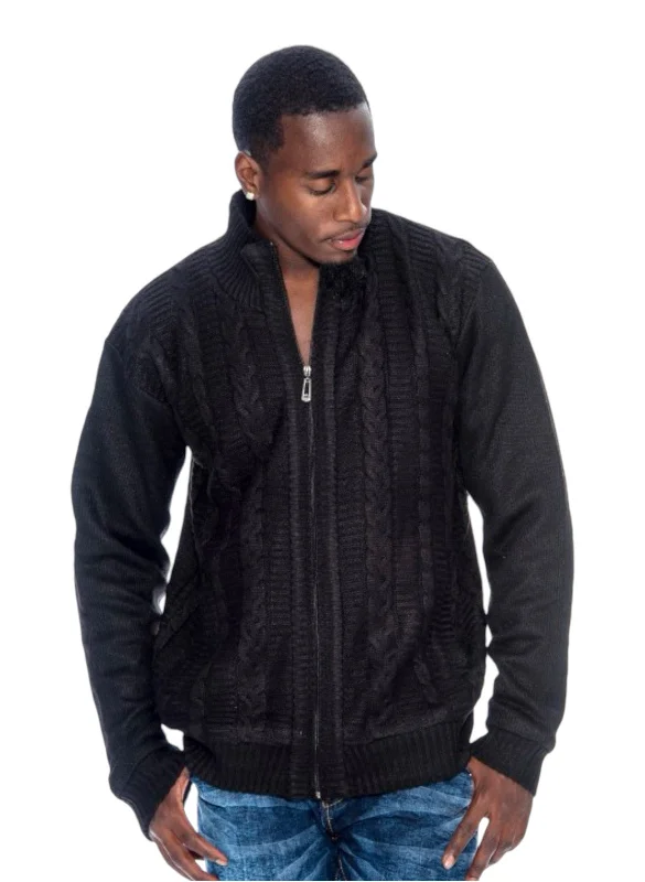 Black Men's Cardigan Sweaters Full Zip Knitted Jacket Fur Lined Style No: 100-3