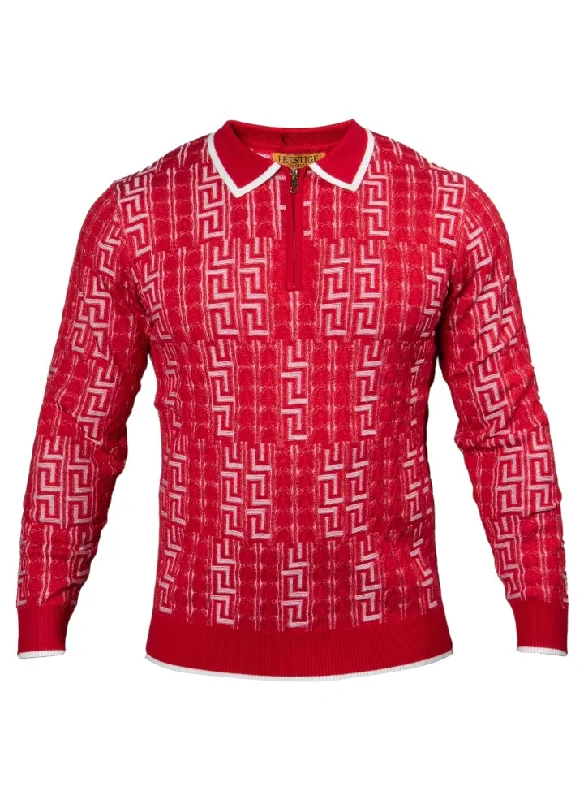 Prestige Red and White Men's Polo Sweater with zipper SW-571