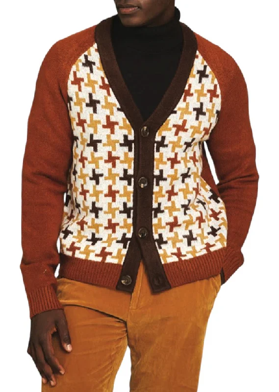 Caramel cognac Men's Inserch Houndstooth Cardigan Sweater Jacket Style No: SW906