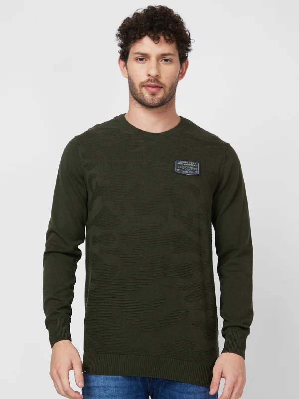 Spykar Full Sleeve Round Neck Green Cotton Sweater For Men