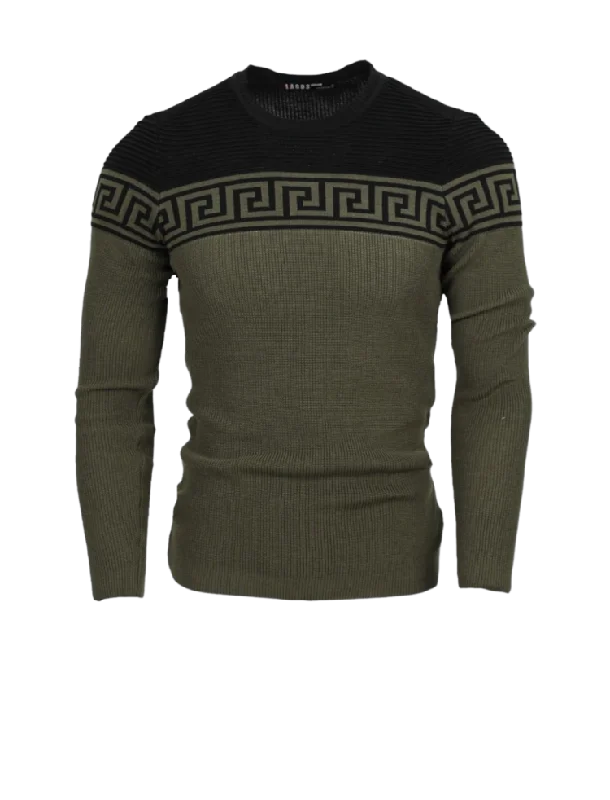 Olive Men's Fashion Design Crewneck Sweaters Greek Key style Light Blend Slim Fit