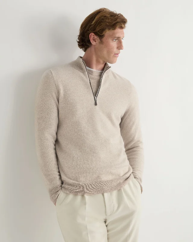 Men's Temple Jacquard Half Zip Cashmere Sweater Toasted Sesame Brown