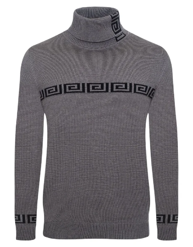 Grey Greek Key Italian Designer Men's Turtleneck Sweater Regular-Fit SW-146