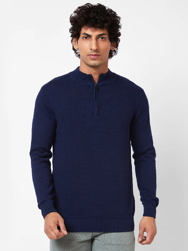 Spykar Polo Collar Full Sleeves Blue Sweater For Men