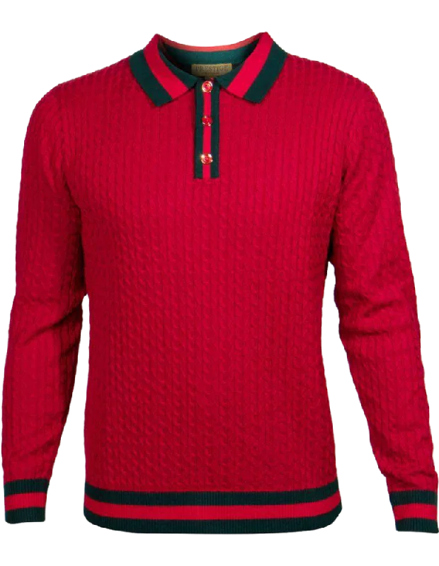 Prestige men's red polo sweater long sleeve green and red trim