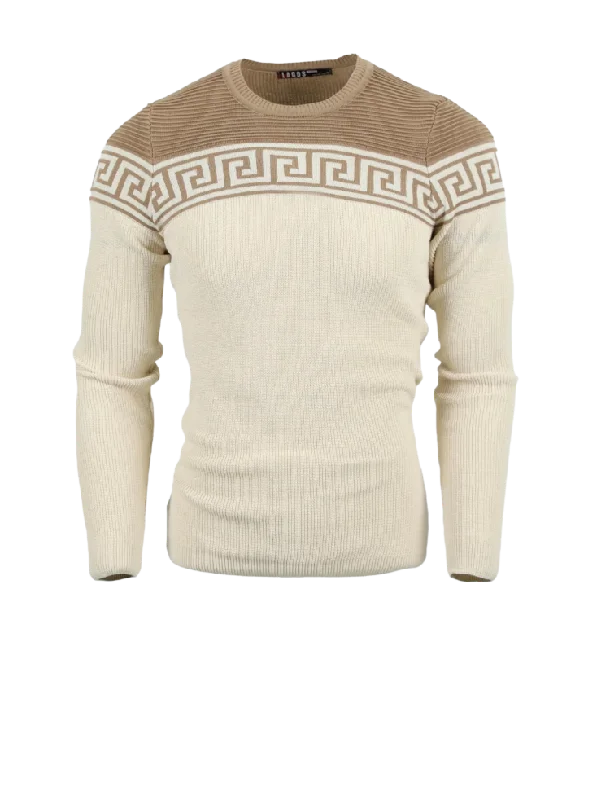 Tan Men's Fashion Design Crewneck Sweaters Greek Key style Light Blend Slim Fit