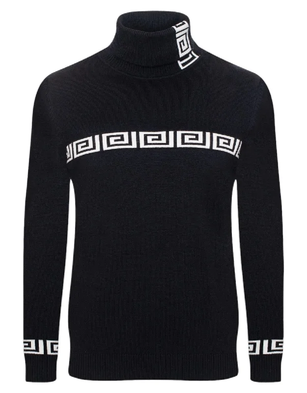 Black Greek Key Italian Designer Men's Turtleneck Sweater Regular-Fit SW-146