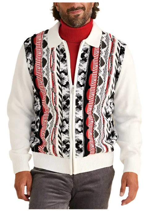 White Men's Inserch Intarsia Full Zipper Sweater Jacket Style No: SW-907