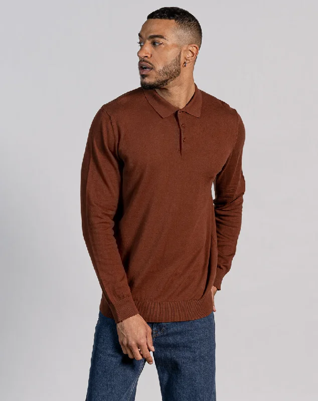 ESSENTIAL LONG SLEEVE KNITTED POLO TOP - DARK BROWN