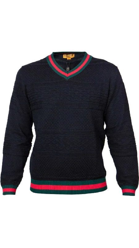 Prestige Men's Black Fancy Style V-neck Sweater Green and Red Stripes