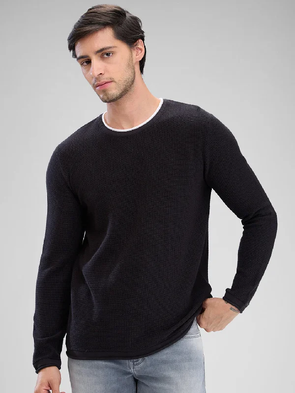 Spykar Black Cotton Full Sleeve  Sweater For Men