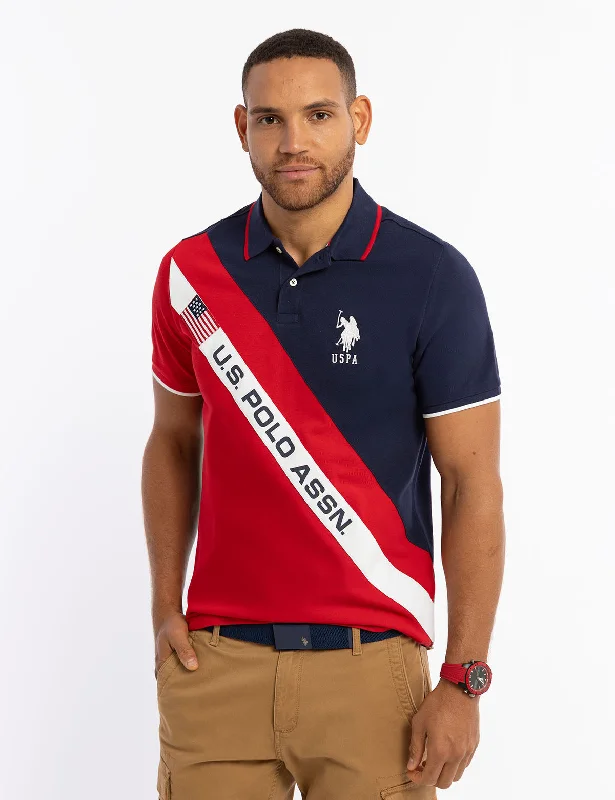 DIAGONAL COLOR BLOCK FLAG PIQUE POLO SHIRT