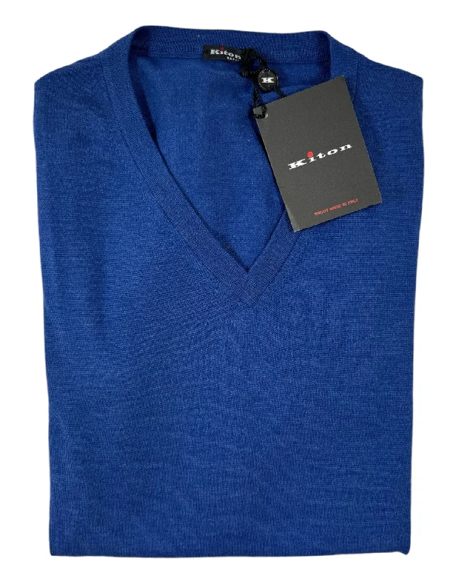 Kiton Sleeveless Sweater Royal Blue Cashmere Silk V-Neck EU 56 / XXL