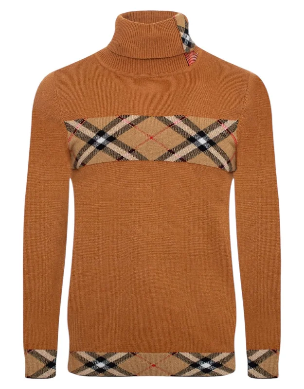 Camel and Beige Plaid Burb Design Men's Turtleneck Sweater Regular-Fit SW-148