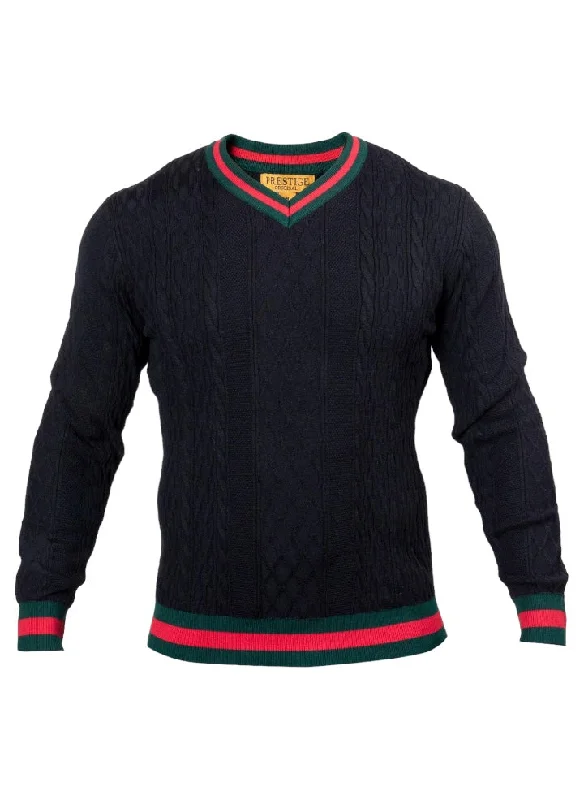 Prestige Black Men's V-Neck Luxury Pullover Sweaters Green and Red stripes SW-563